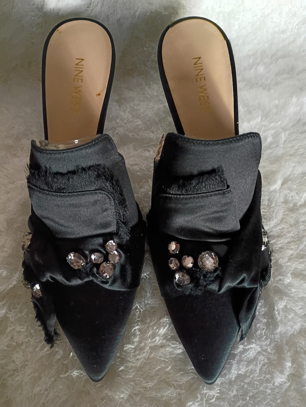 Nine West Fancy Black Satin Rhinestone Mule Heels – Size 8 – NIB